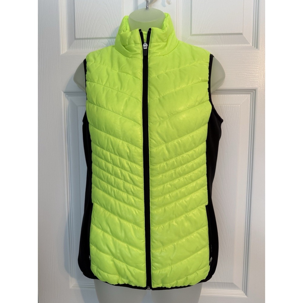Xersion Neon Green Black Colorblock Full Zip Quilted Puffer Zip Womens Vest Sz S